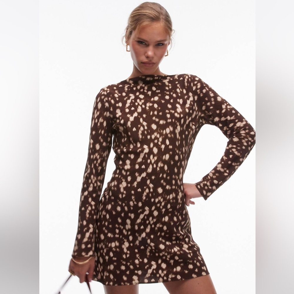 Topshop long sleeve slash neck mini dress in abstract animal